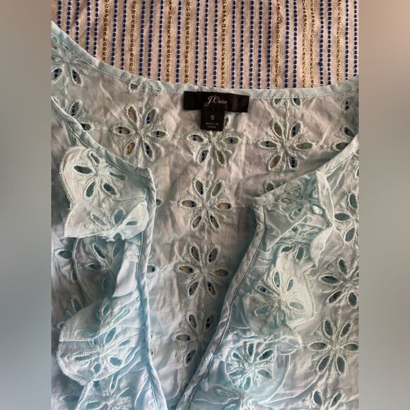 J Crew Top Eyelet Pullover Tunic Blouse Mint 3/4 Sleeve Ruffle Neck Cotton Sz S - Picture 12 of 12